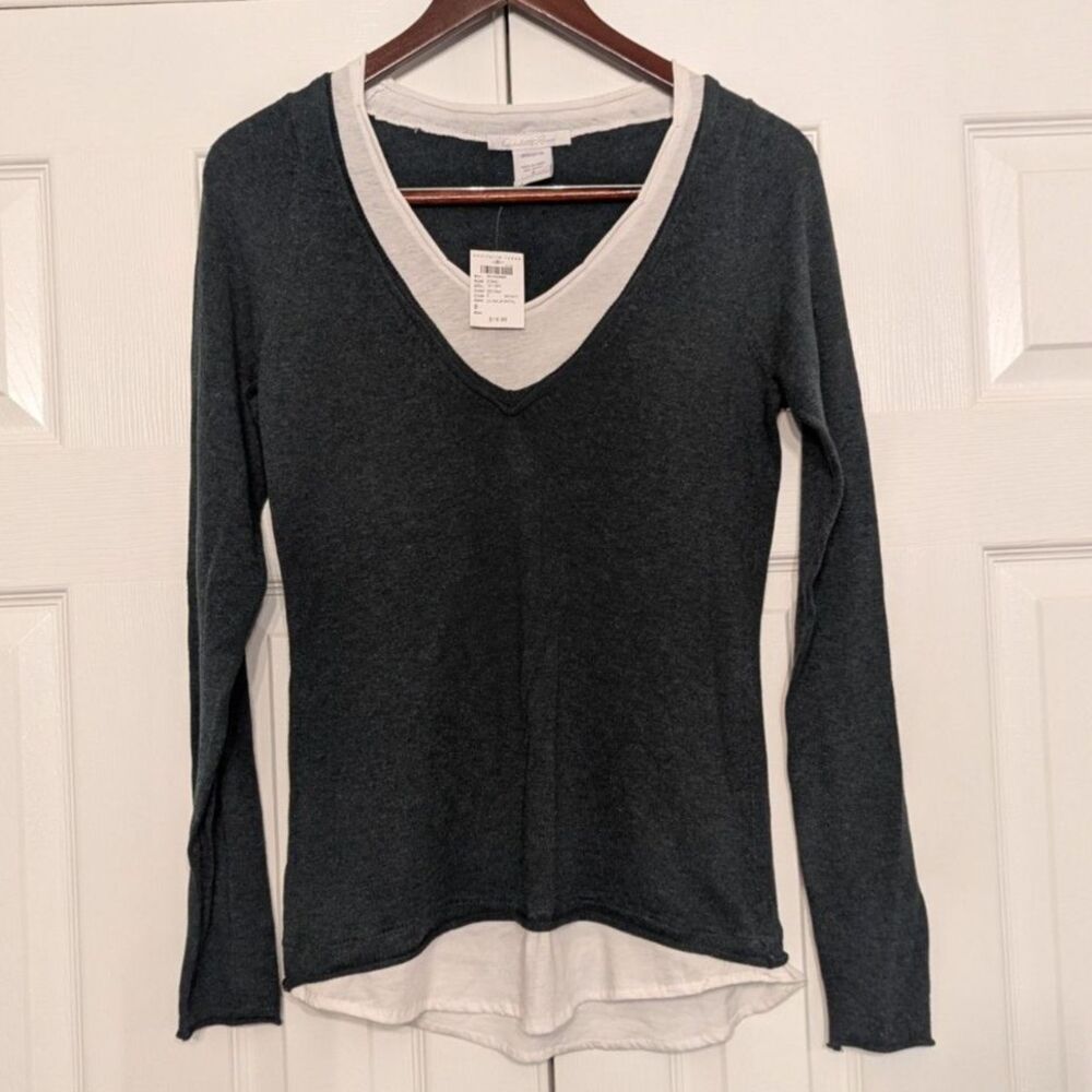 NWT Charlotte Russe Layered V-Neck Charcoal Green Sweater Faux Undershirt Y2K